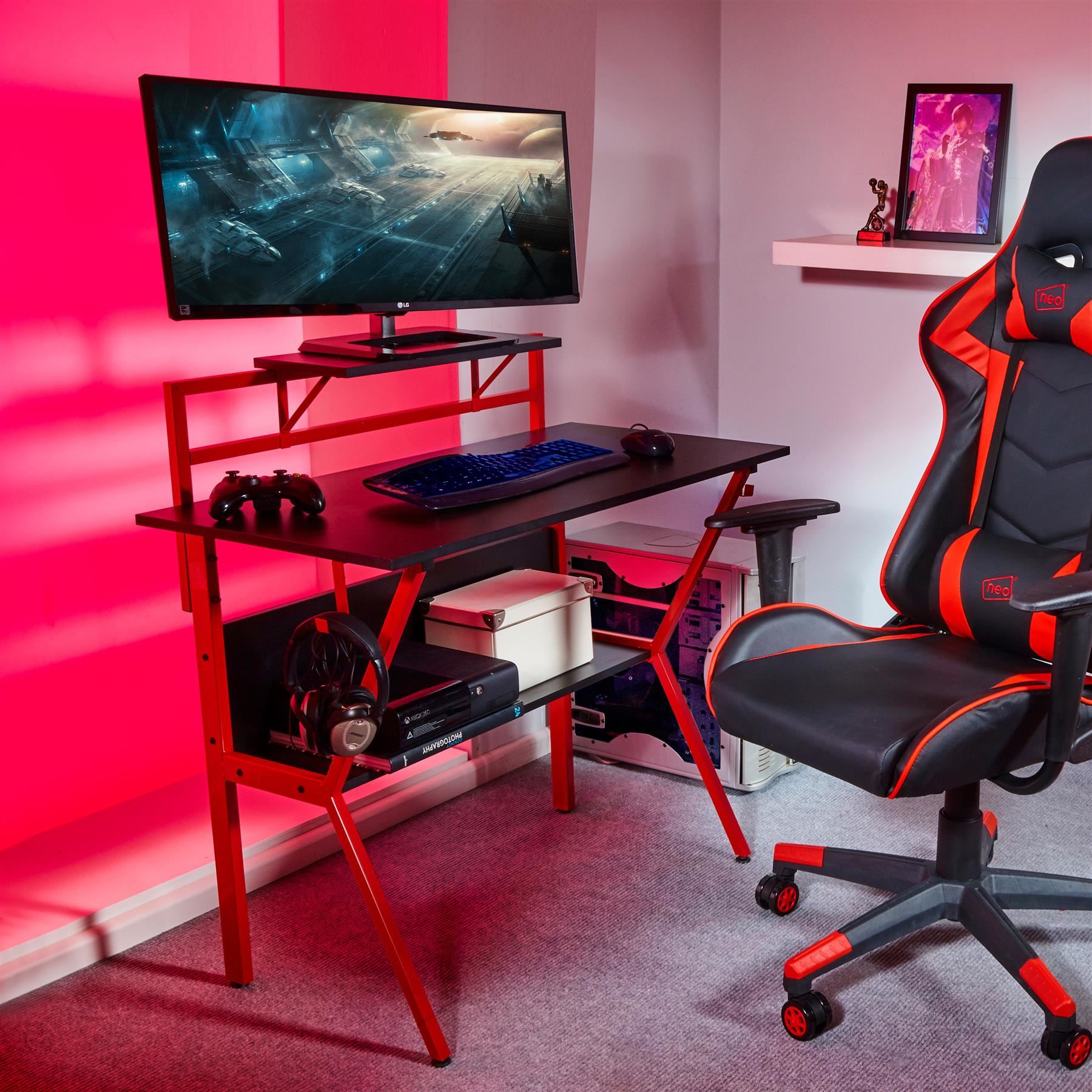 Ergonomic 2 Tier Gaming Desk - Red