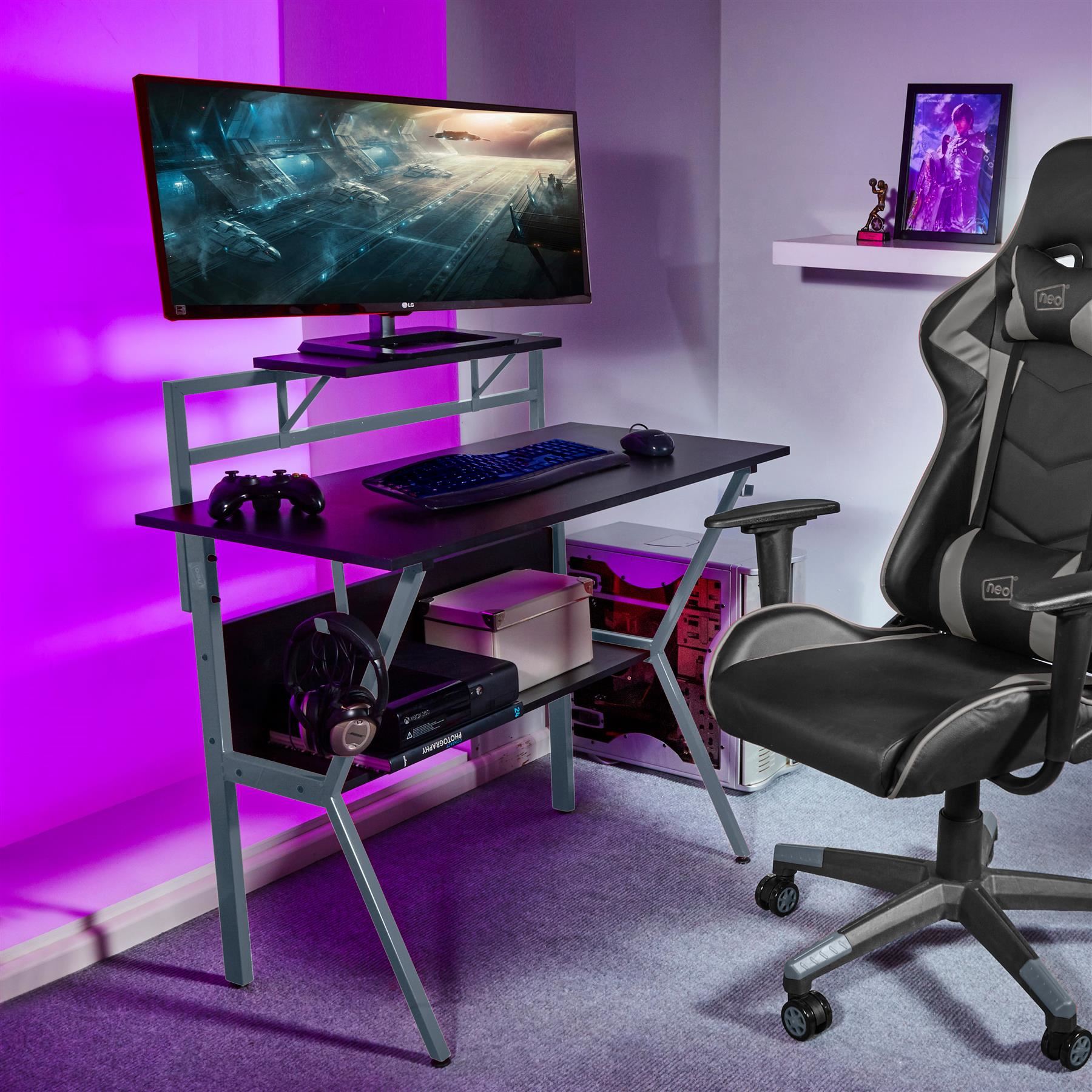 Ergonomic 2 Tier Gaming Desk - Grey 