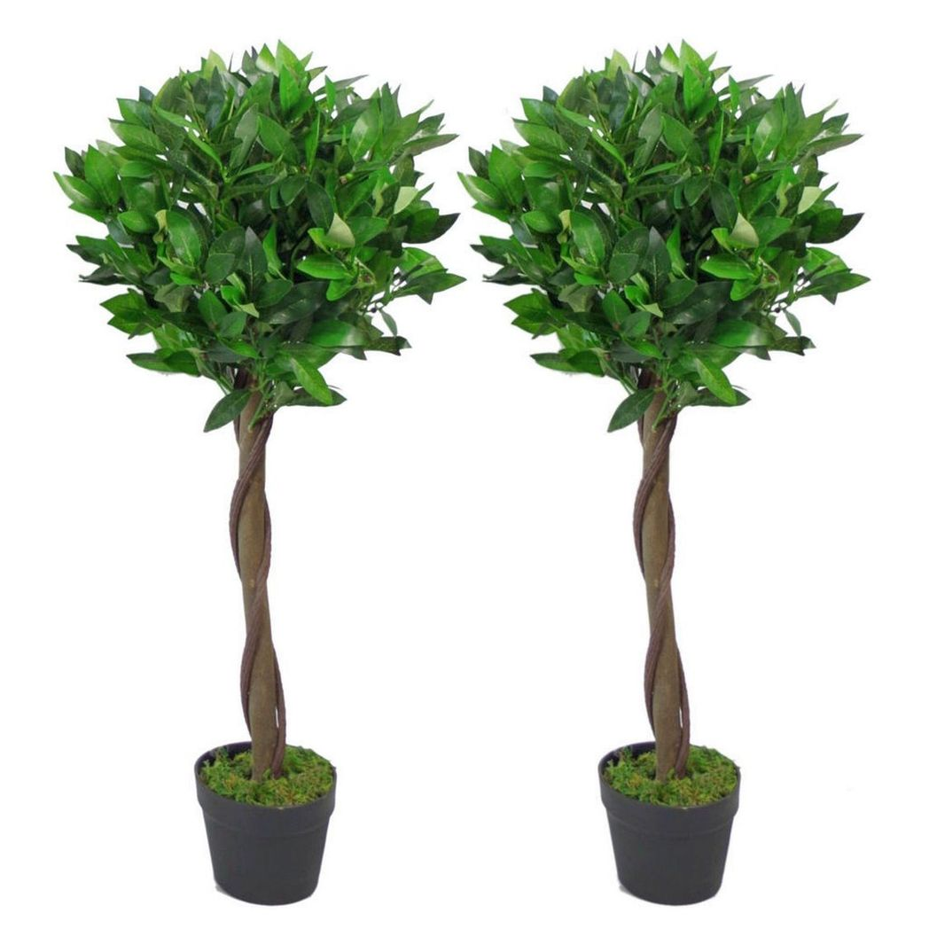 90cm Leaf Design Uk Pair Of Artificial Bay Topiary Ball Trees, Green Twist