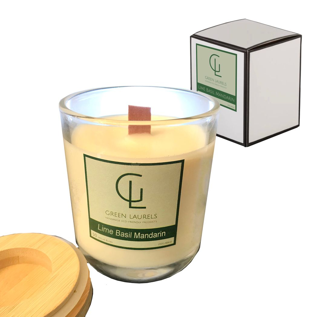 Soy Wax Premium Glass Candle with wooden wick Lime Basil Mandarin x3 Candles