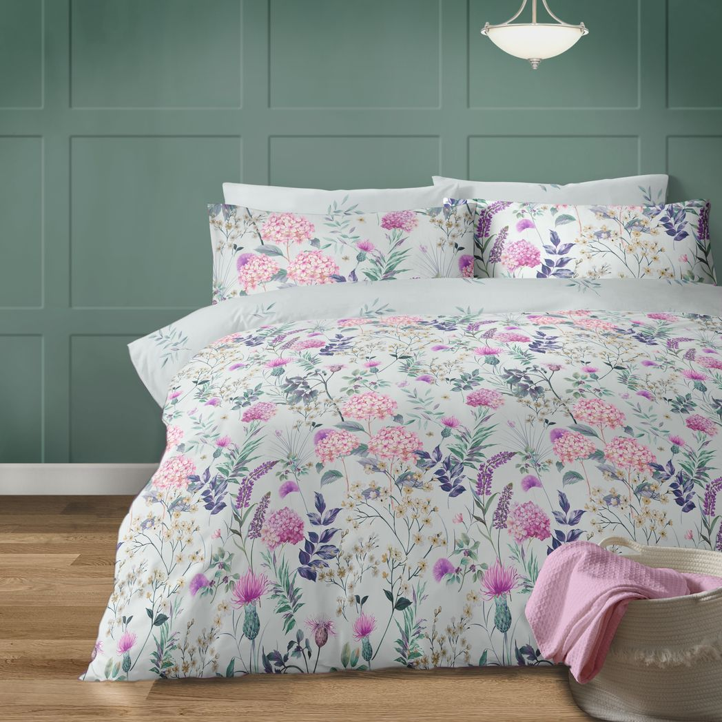 Harlow Duck Egg Floral Polycotton Duvet Cover Set. King Bed