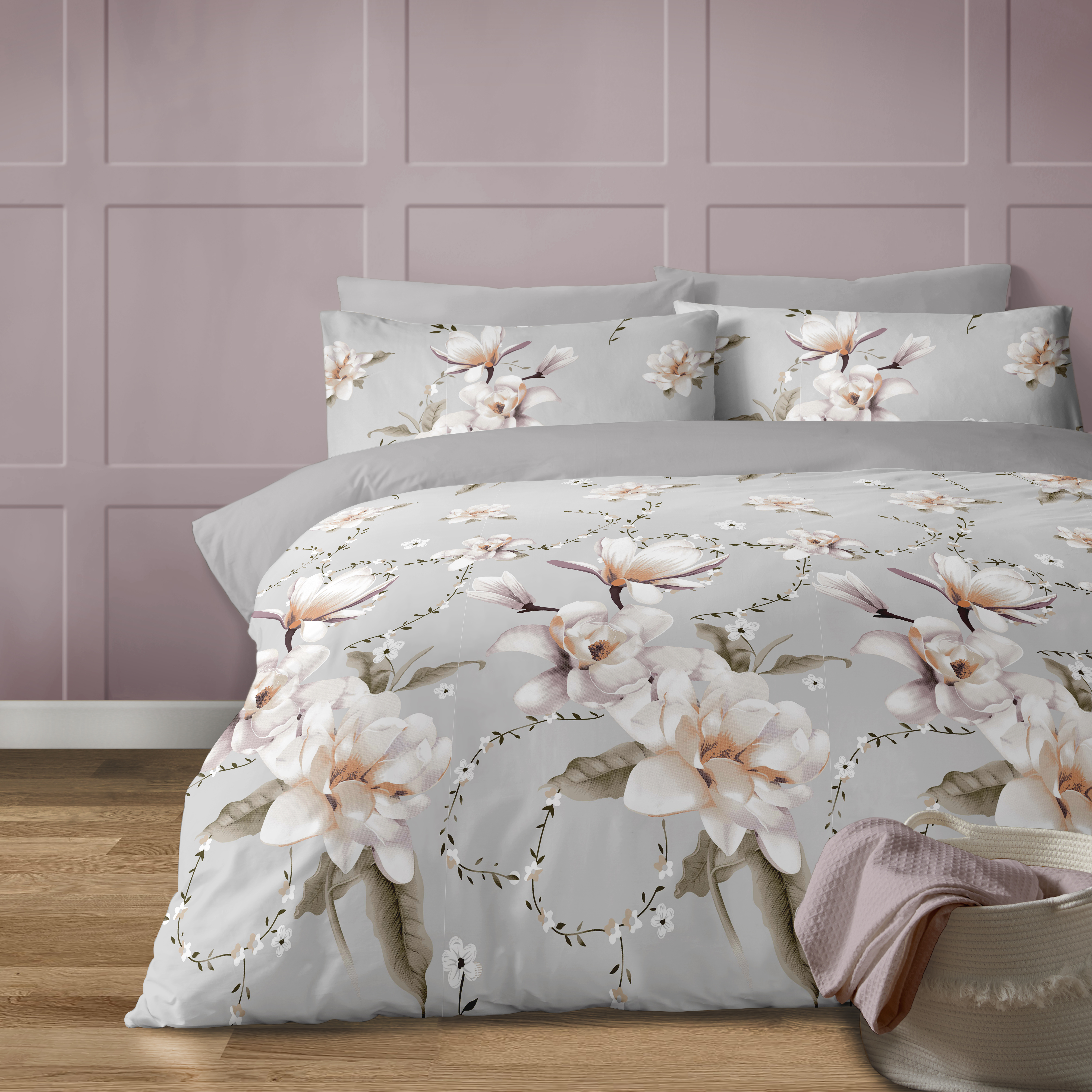 Anemone Grey Duvet Cover Set With Large White Floral Print. Single Bed