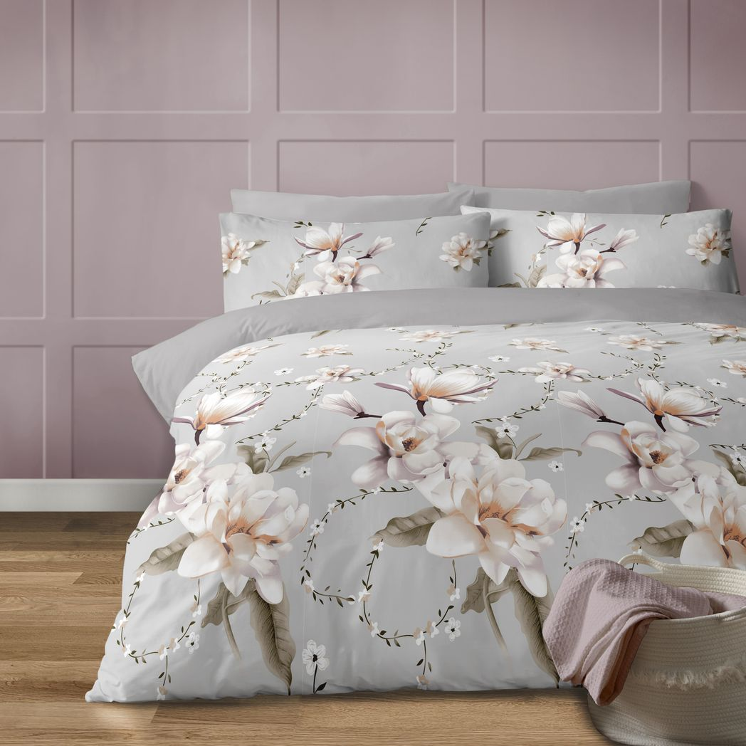 Anemone Grey Duvet Cover Set With Large White Floral Print. King Bed