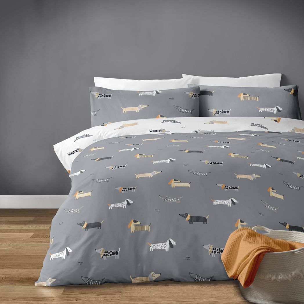 Dachys Grey And White Dachshund Sausage Dog Design Polycotton Duvet Set.