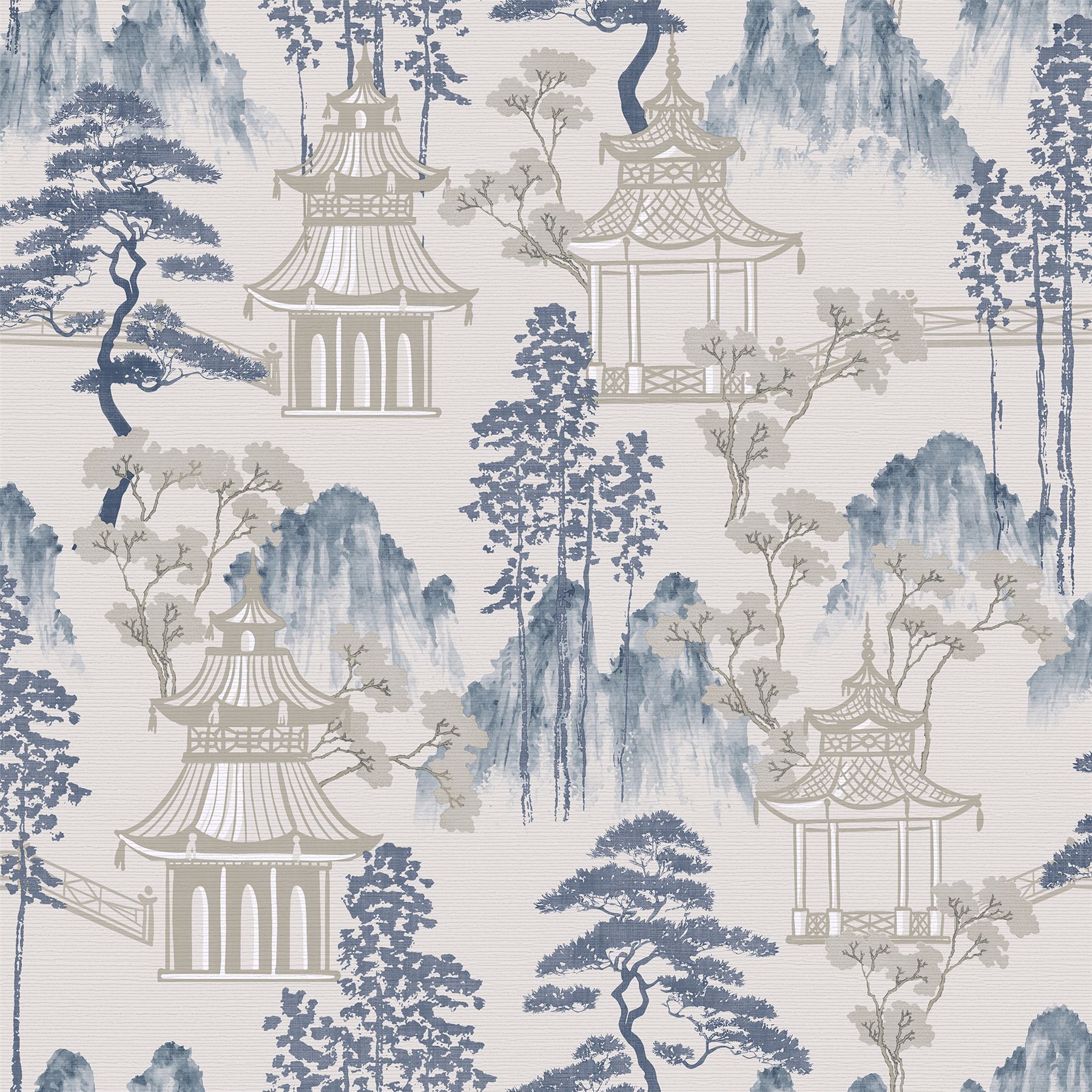 Arthouse Japanese Pagoda Wallpaper - Blue Grey