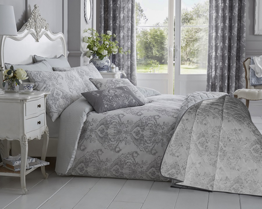 Toile 200 Thread Count Cotton Rich Duvet Cover Set Double Bed Grey