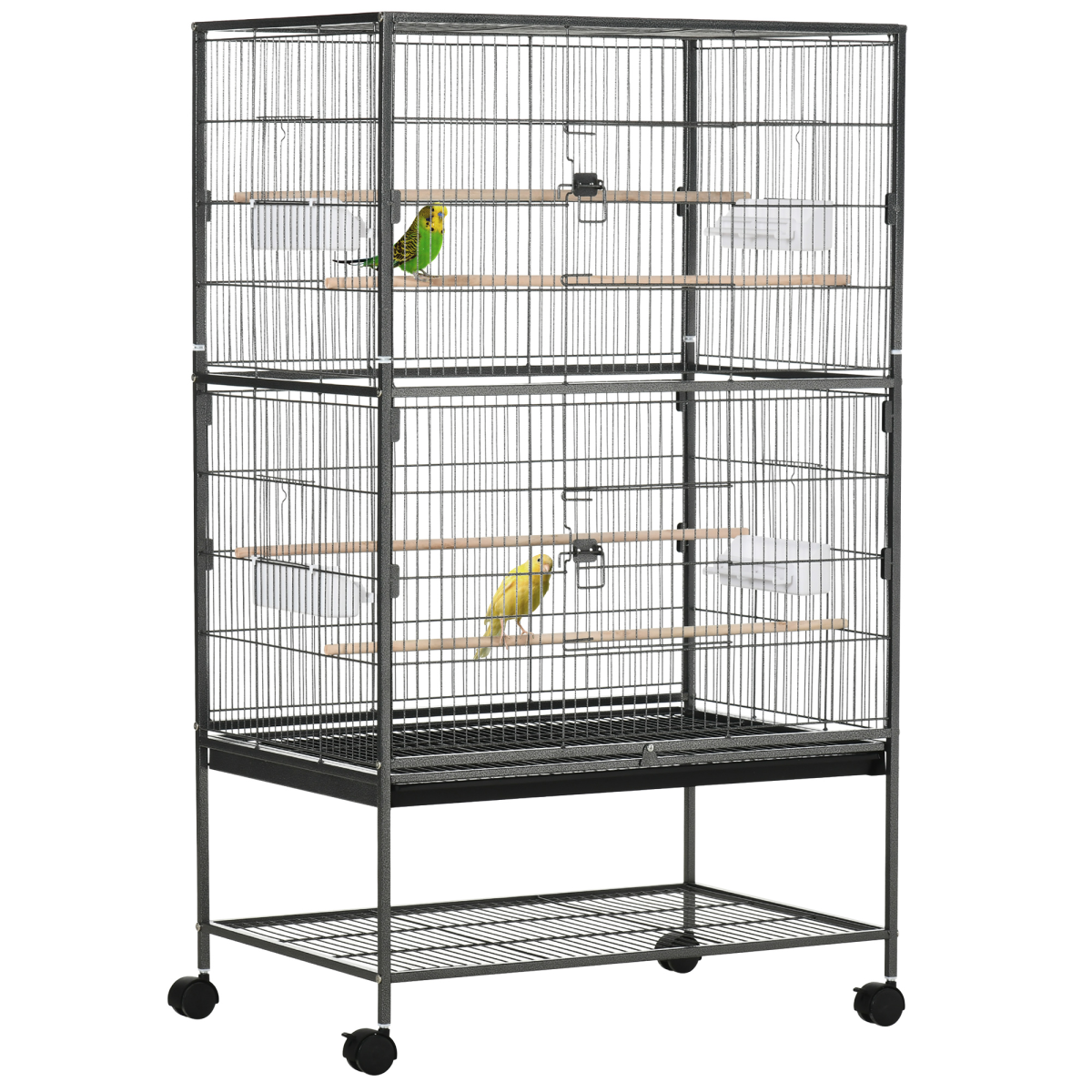 Bird Cage Aviary For Budgies Canaries W/ Rolling Stand Slide-Out Tray, Grey