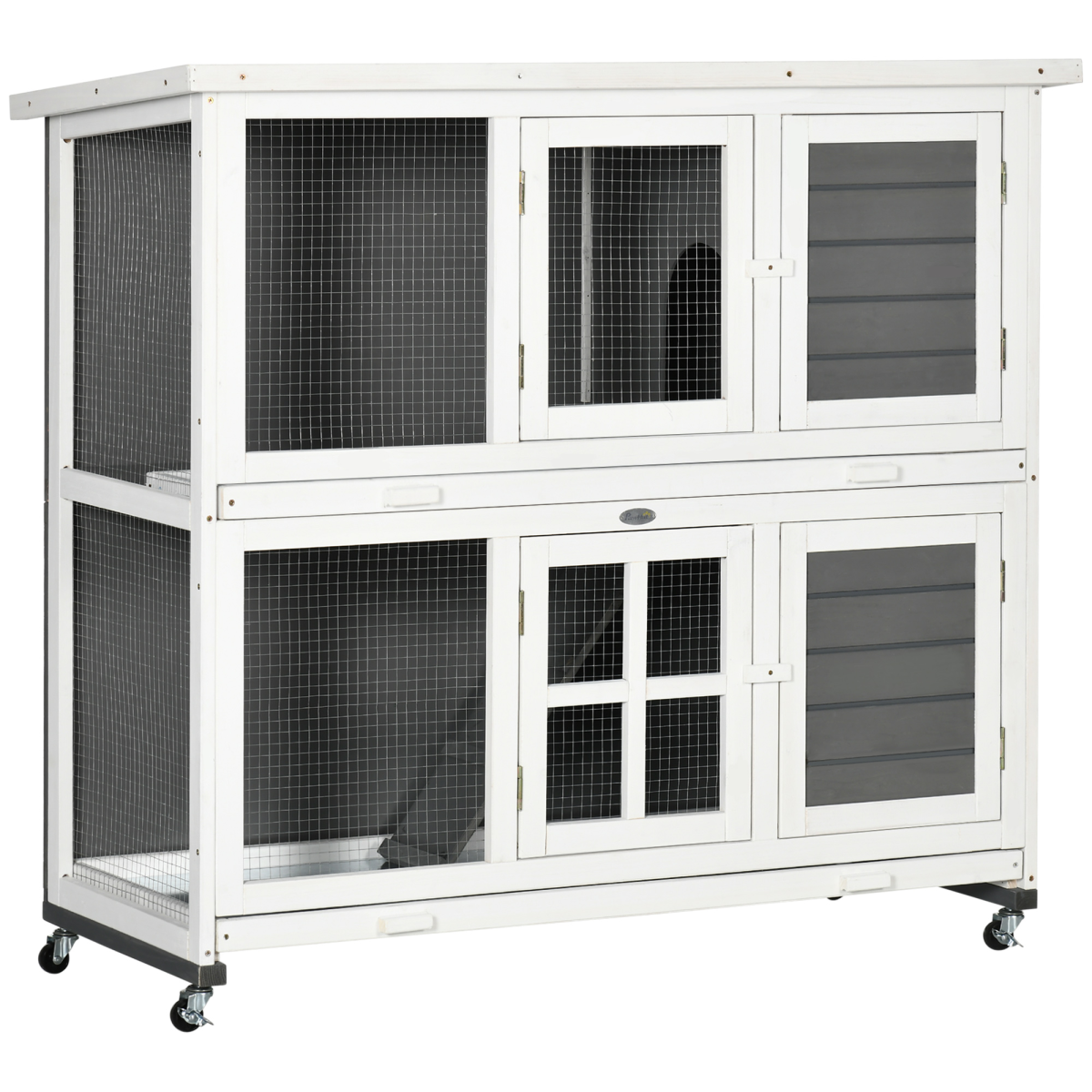 Pawhut Wooden Rabbit Hutch, Small Animal House W/ Wheels, Removable Tray - Grey