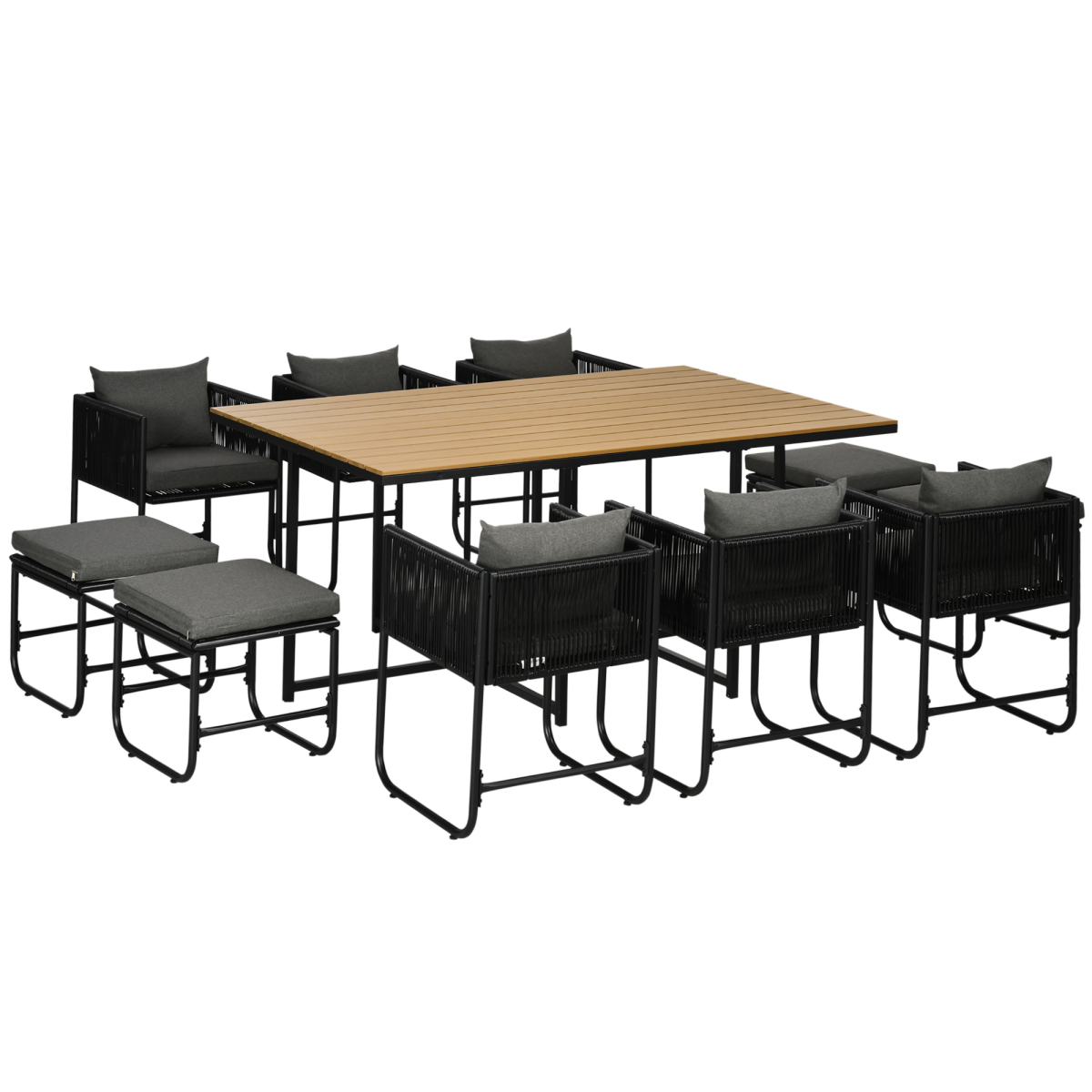 11-Pc Rattan Dining Set, 10-Seater Table & Chair Sets W/ Space-Saving Design