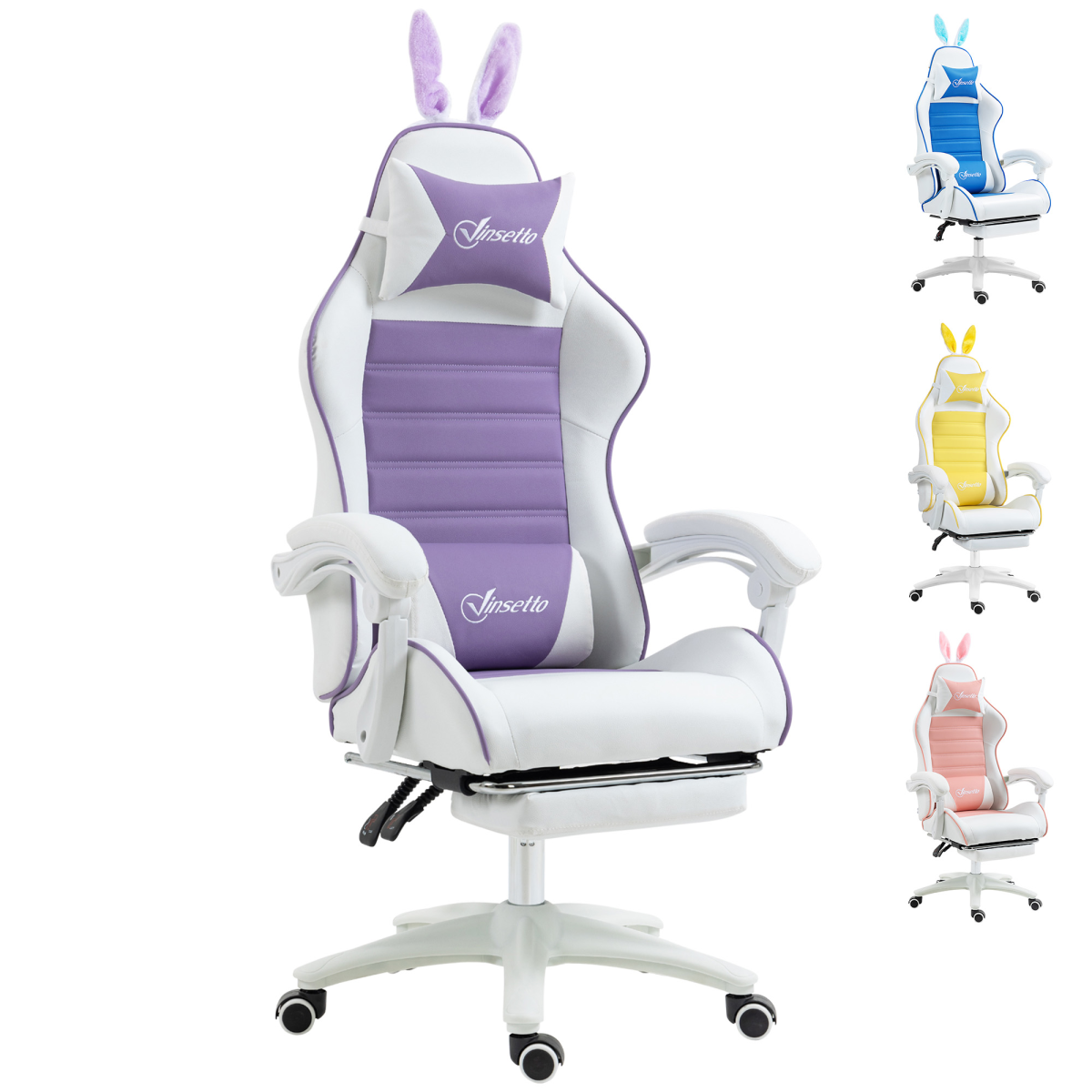 Vinsetto Racing Style Gaming Chair With Footrest Removable Rabbit Ears, Purple