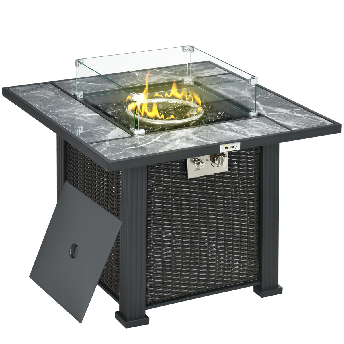 Outsunny Gas Fire Pit Table W/ Rain Cover, Windscreen & Glass Stone, 50,000 Btu