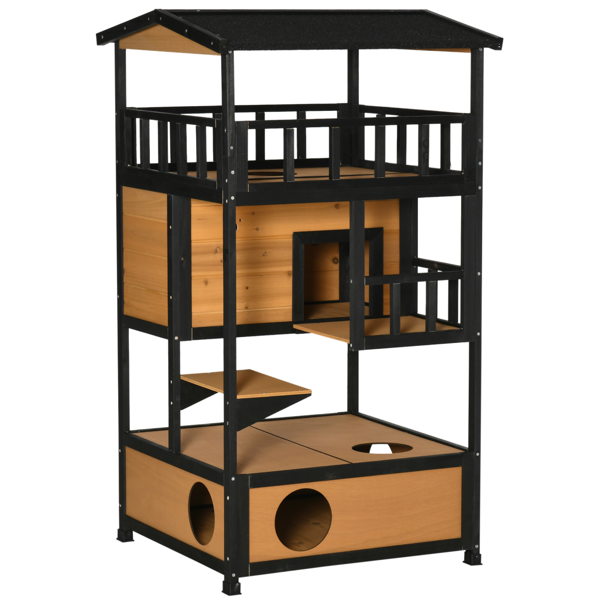Wooden Outdoor Cat House 3-Tier Kitten Shelter W/ Tilted Roof Yellow