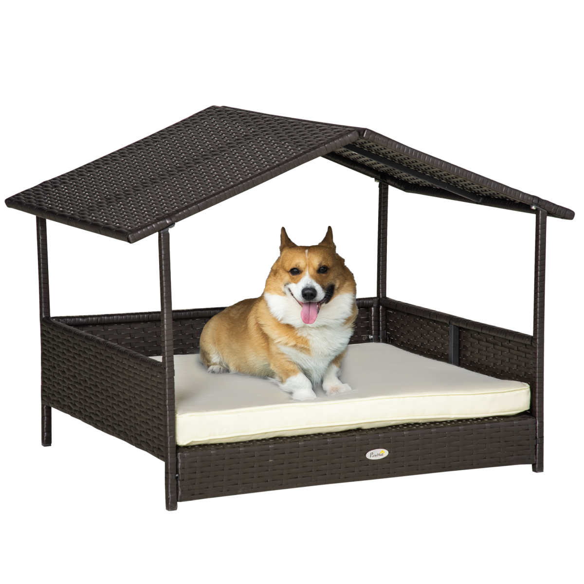 Pawhut Wicker Dog House, Rattan Pet Bed With Soft Cushion, Cat Basket - Cream