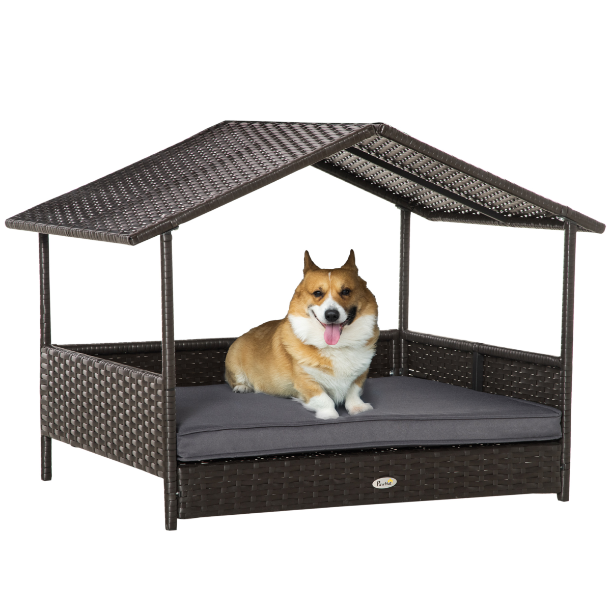 Pawhut Wicker Dog House, Rattan Pet Bed With Soft Cushion, Cat Basket - Grey