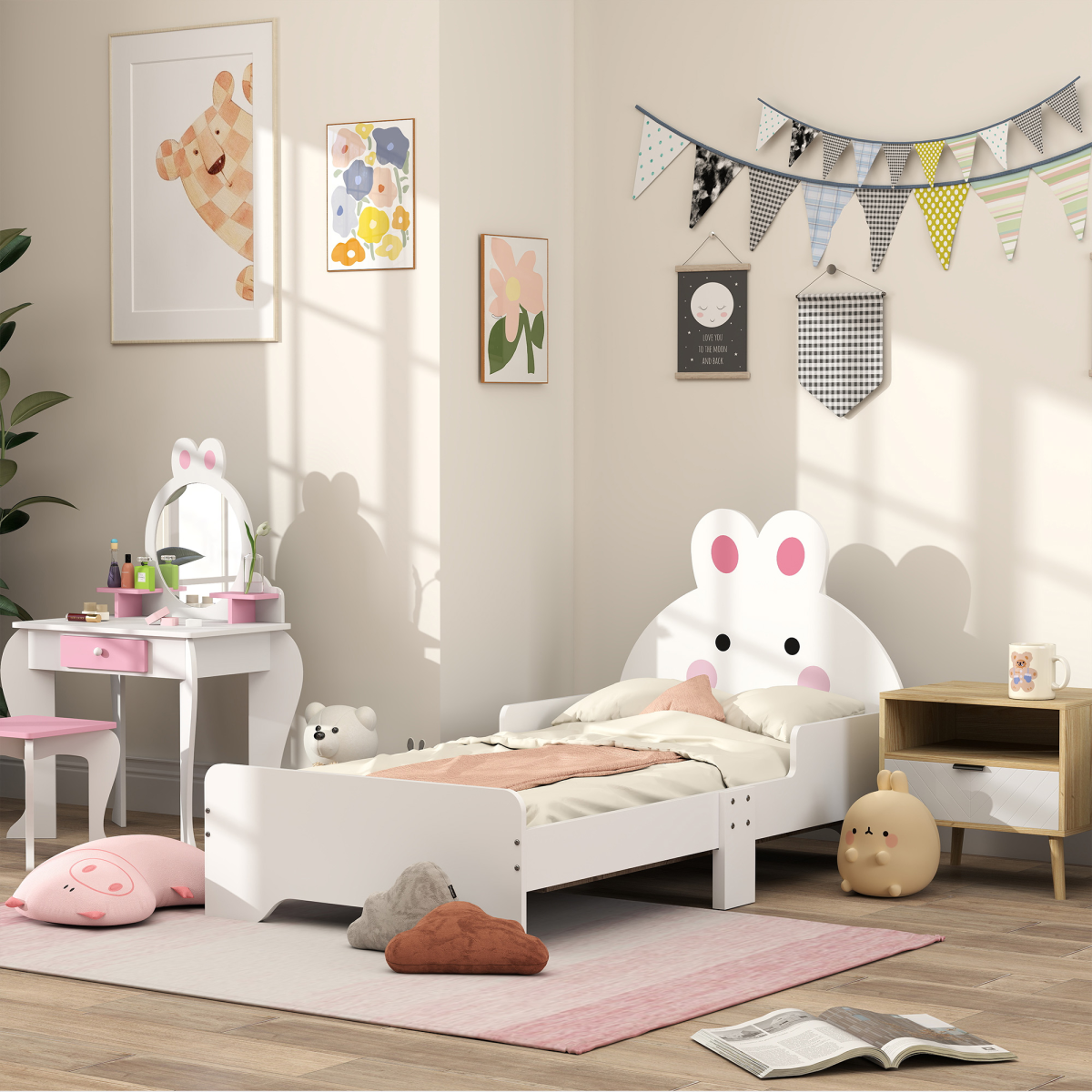 Zonekiz Toddler Bed, Kids Bedroom Furniture, Rabbit Design - White
