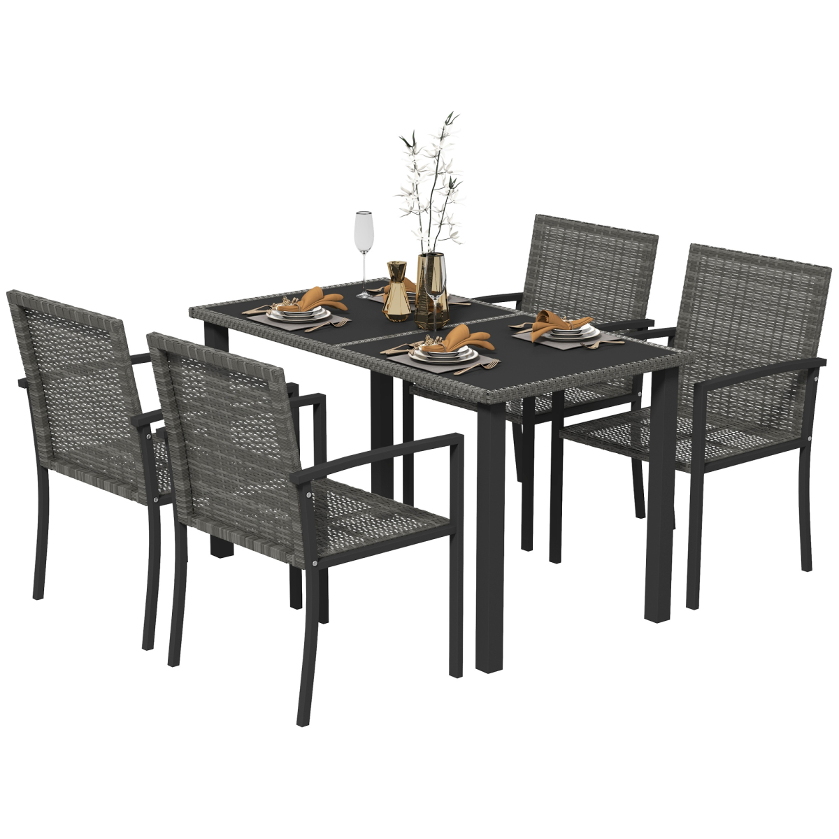 Outsunny 4 Seater Rattan Garden Furniture Set With Glass Tabletop - Grey