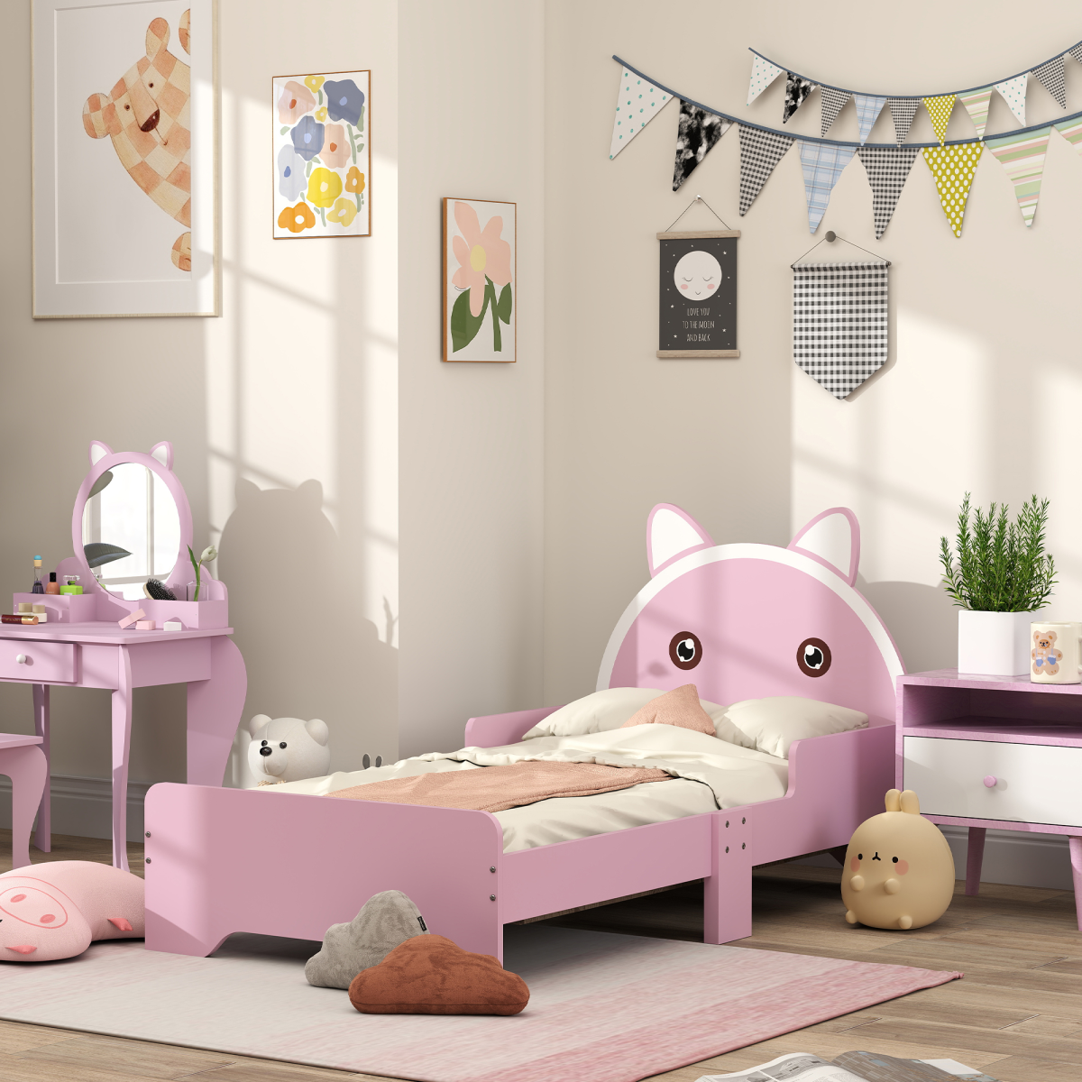 Zonekiz Toddler Bed Frame Cat Design Kids Bed With Guardrails - Pink
