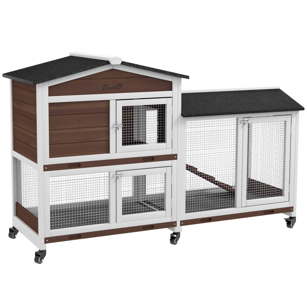 Pawhut Wooden Rabbit Hutch Guinea Pig Cage W/ Wheels, Run, Ramp, Brown