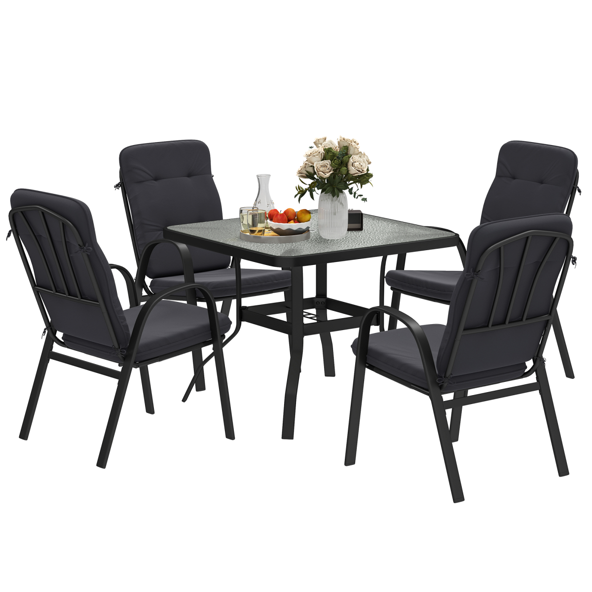 Outsunny Garden Dining Set, Glass Table w/ Umbrella Hole & Texteline Seats