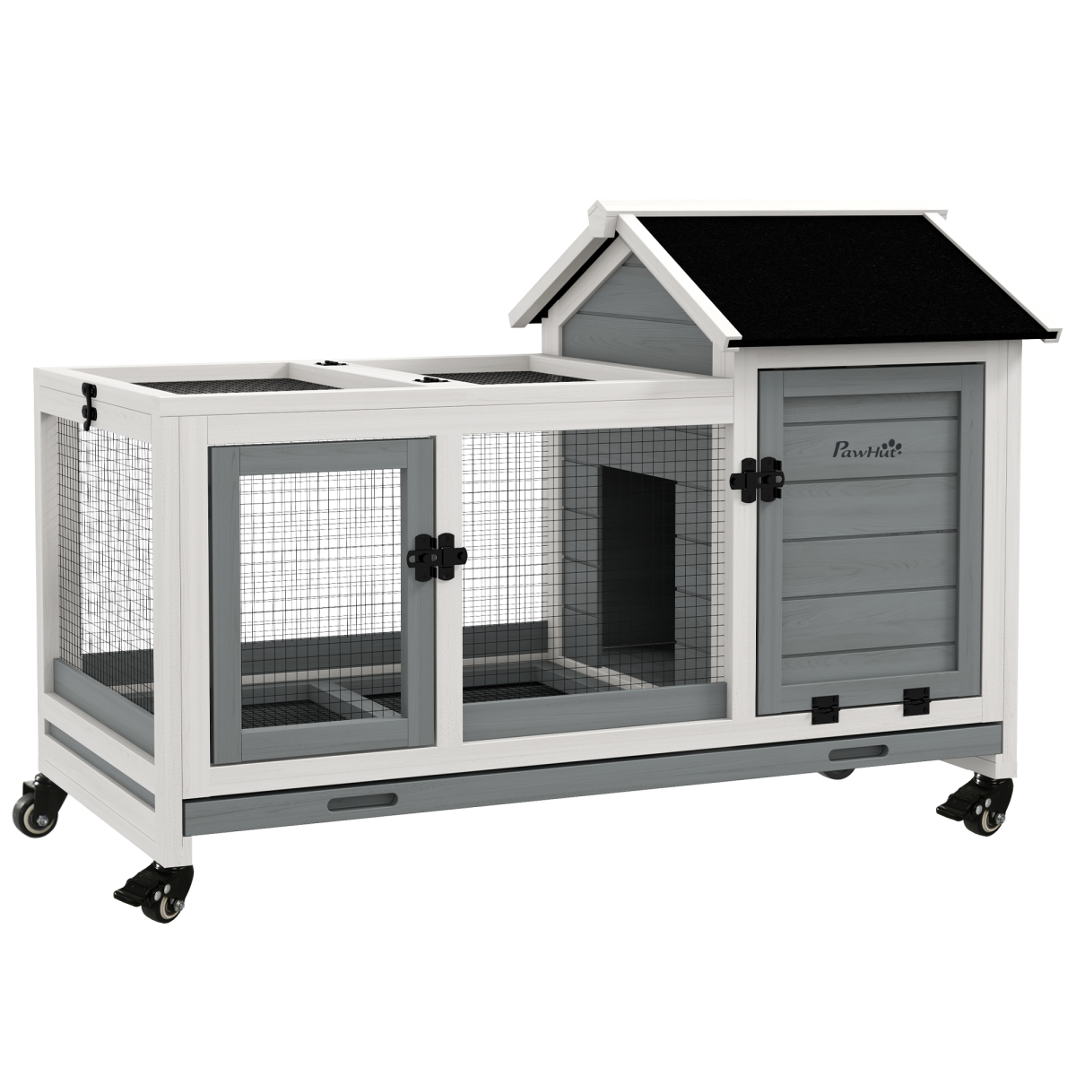 Pawhut Wooden Rabbit Hutch, Small Animal  House W/ Wheels, Removable Tray - Grey
