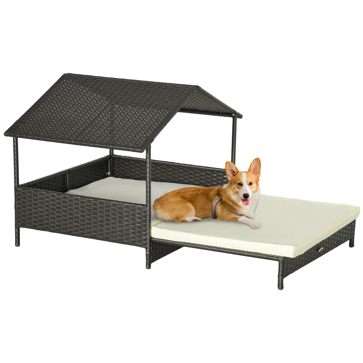 Pawhut Extendable Rattan Dog House With Water-Resistant Roof, Cushion
