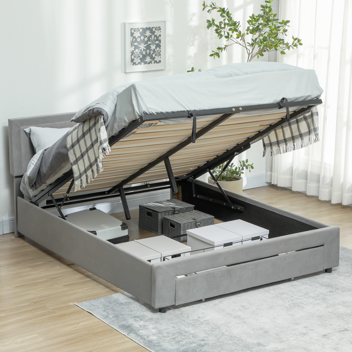 Homcom Double Bed Frame With Storage And Adjustable Velvet Headboard