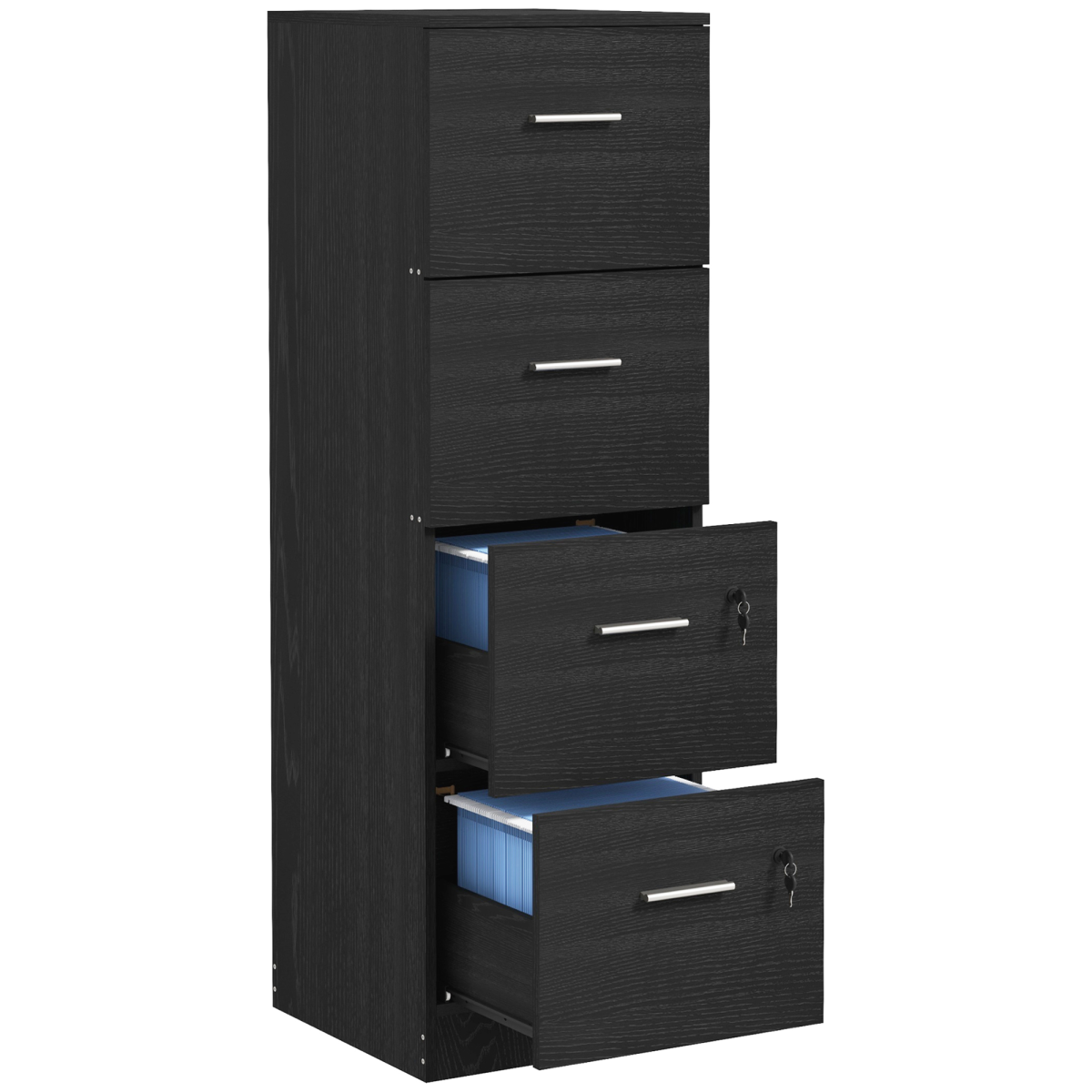 Homcom 4 Drawer File Cabinet Locking Filing Cabinet, Black Wood Effect