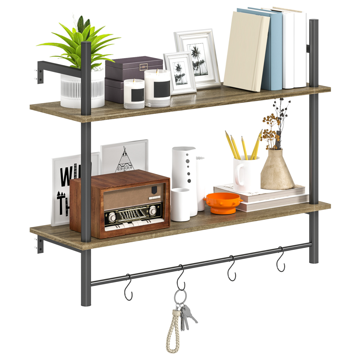 Homcom Wall Shelf Unit With 4 Hooks For Living Room, Entryway
