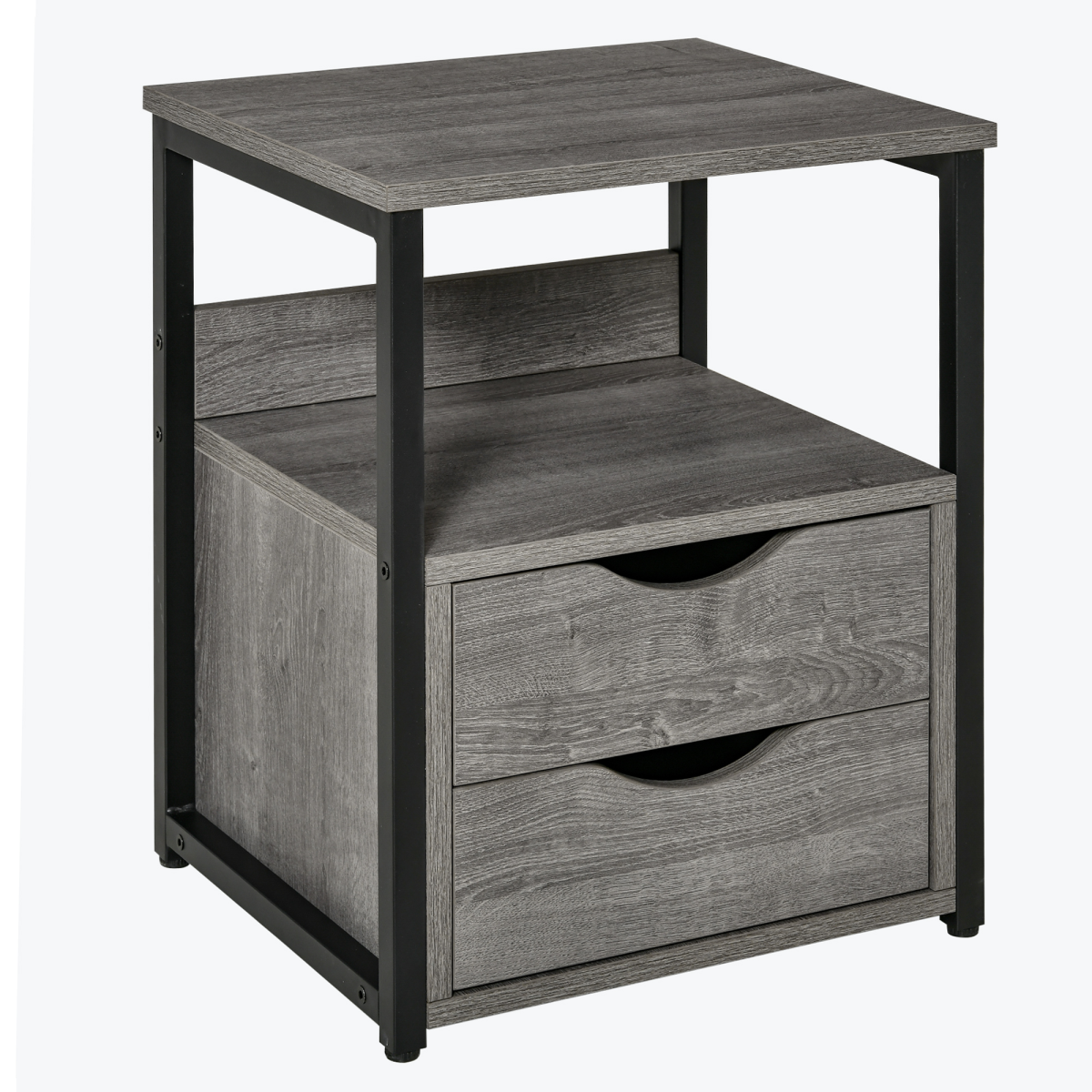 HOMCOM Metal End Table Bedside Desk with 2 Drawers Open Shelf Dark Wood Effect Grey 40cm x 30cm x 60cm