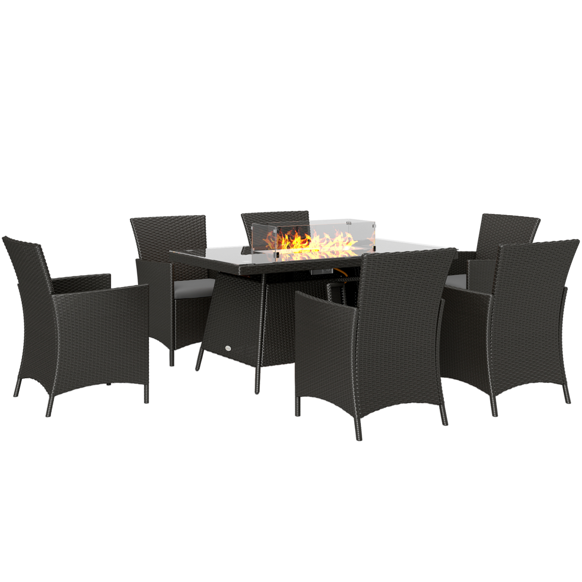 Outsunny Rattan Dining Set with Fire Pit Table and Armchairs, Black
