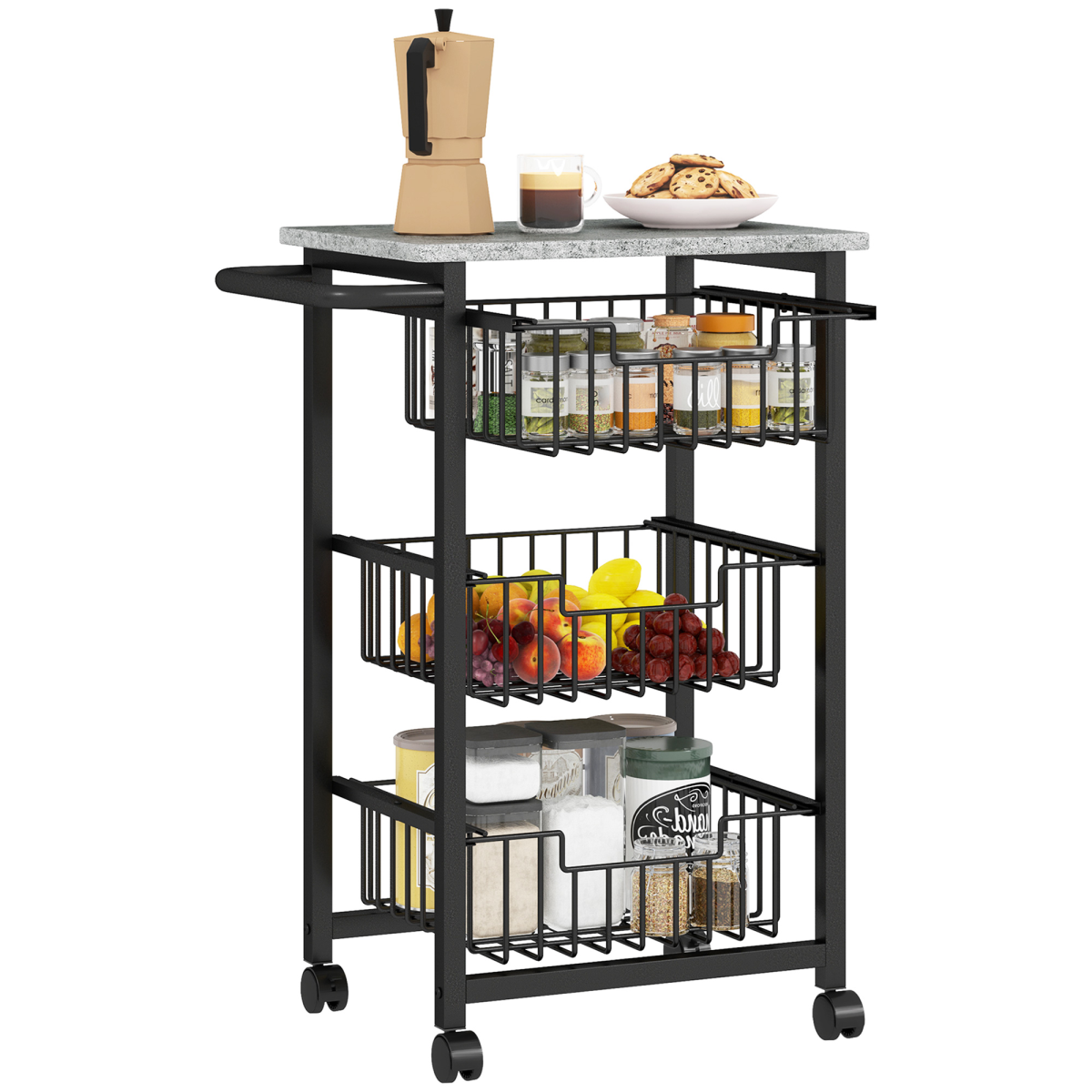 Homcom 3-Tier Kitchen Island On Wheels With 3 Pull-Out Baskets