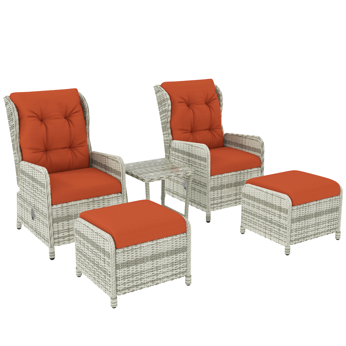 Outsunny Recliner Rattan Garden Furniture W/ Two-Tier Table, Orange