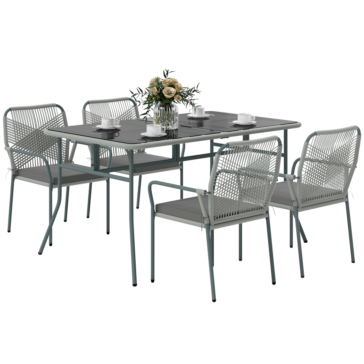 Outsunny 5 Piece Pe Rattan Garden Dining Set With Cushions, Light Grey