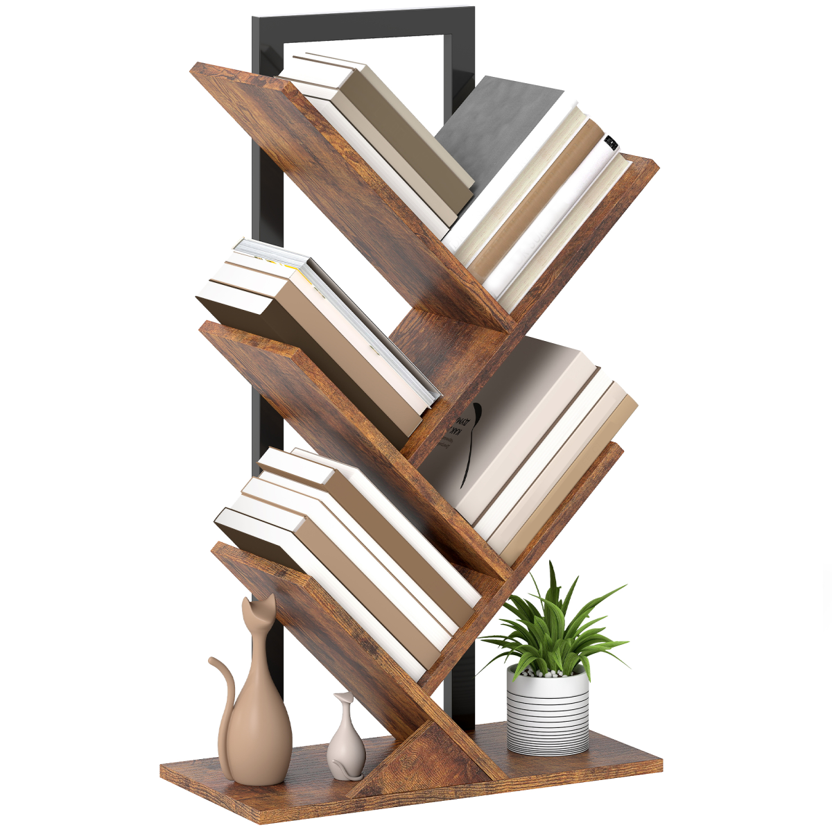 Homcom 5-Tier Tree Bookshelf With Steel Frame For Living Room, Rustic Brown