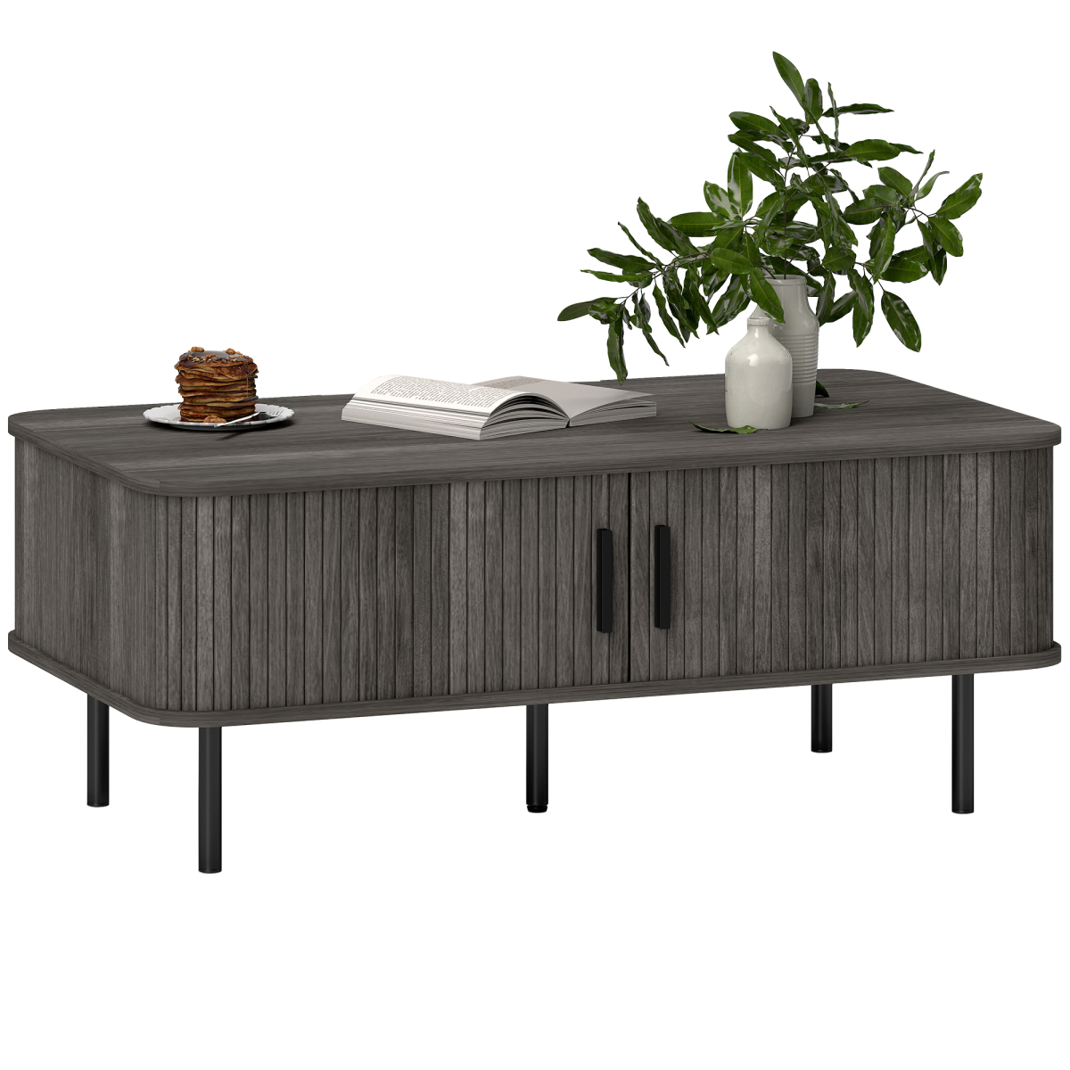 Homcom Coffee Table With Storage And Sliding Doors For Living Room, Grey