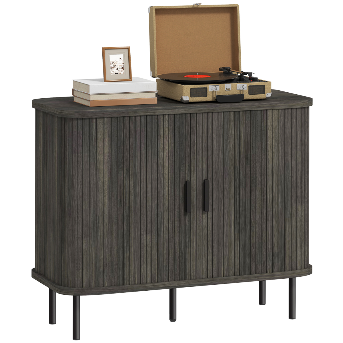 Homcom Sideboard Storage Cabinet With Slatted Tambour Sliding Doors Grey