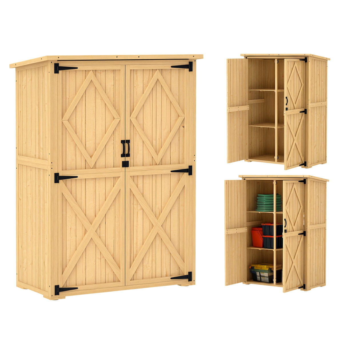 Outsunny Wooden Tool Storage Cabinet with Double Doors, Natural