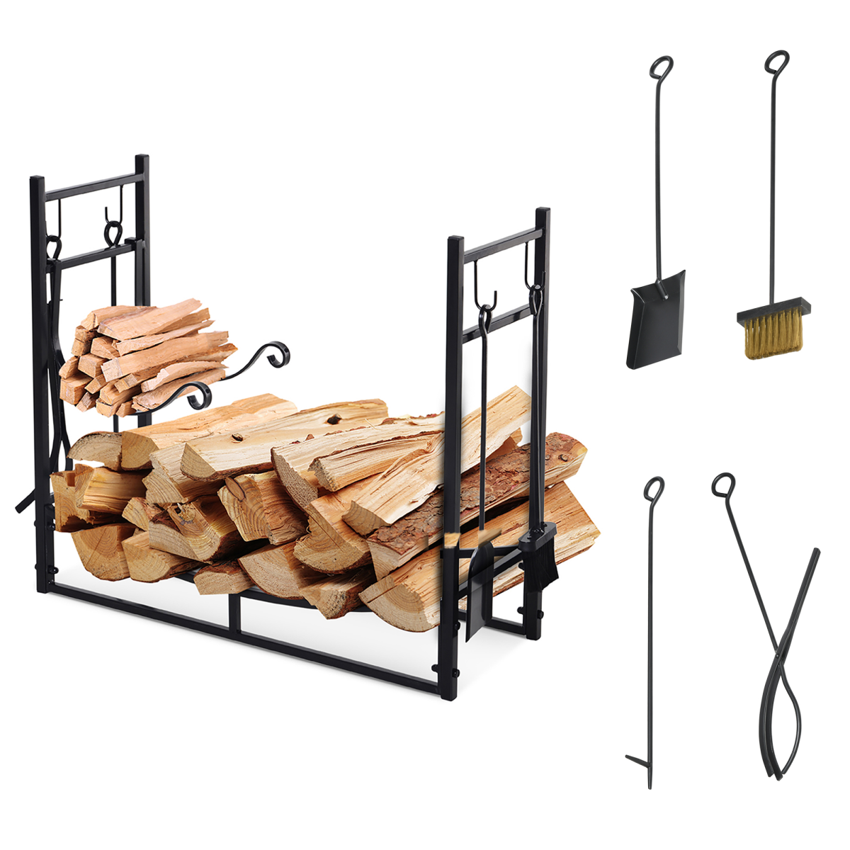 Firewood Stand Log Rack Holder 84cm With 4-Pc Fireplace Tools Set