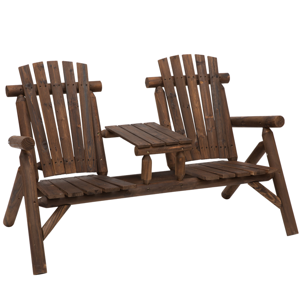 Wood Patio Chair Bench 2 Seats With Center Coffee Table, Garden Bench