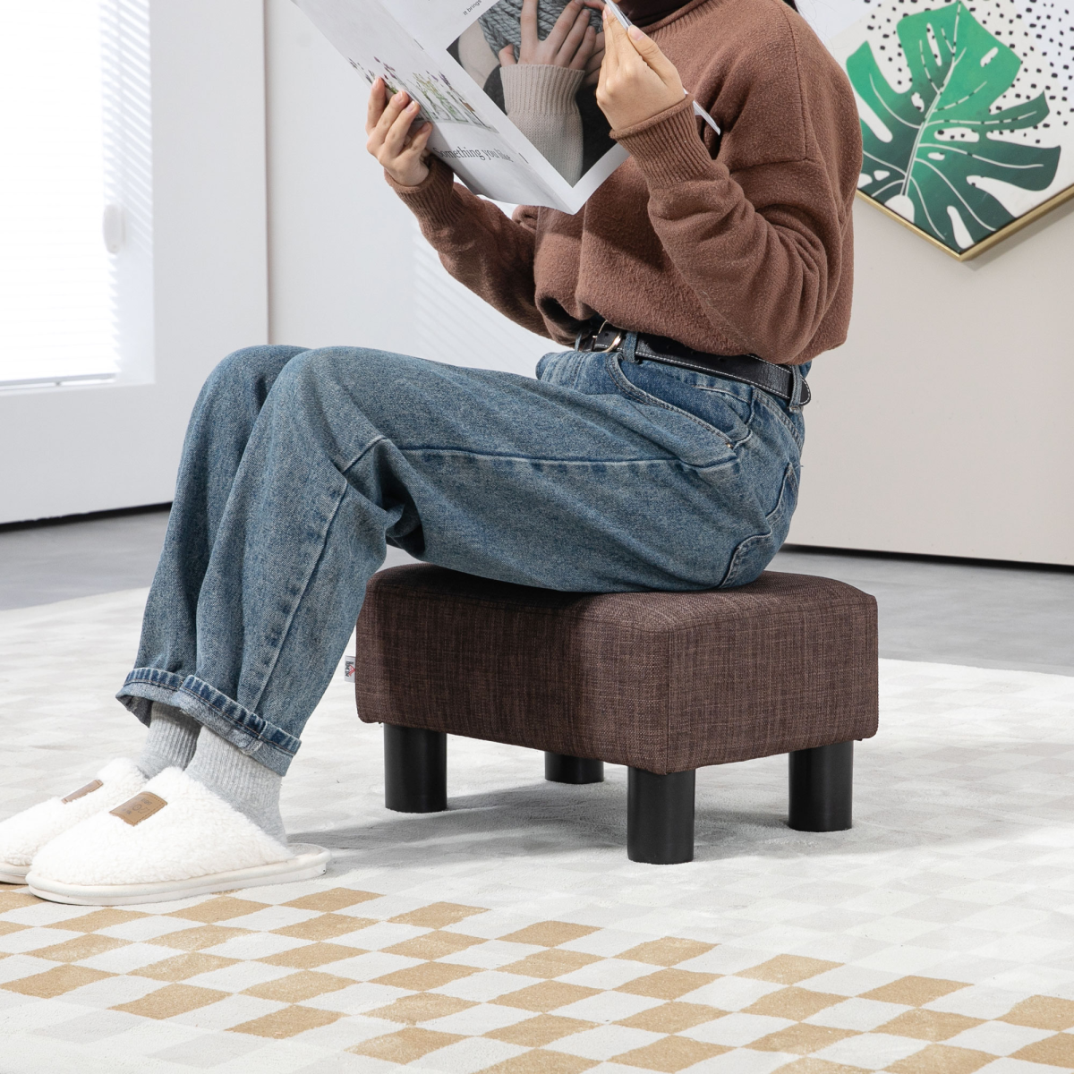 Chic Linen Fabric Footstool Ottoman Cube - 40cm x 30cm x 24cm - Brown Design - Picture 34 of 44