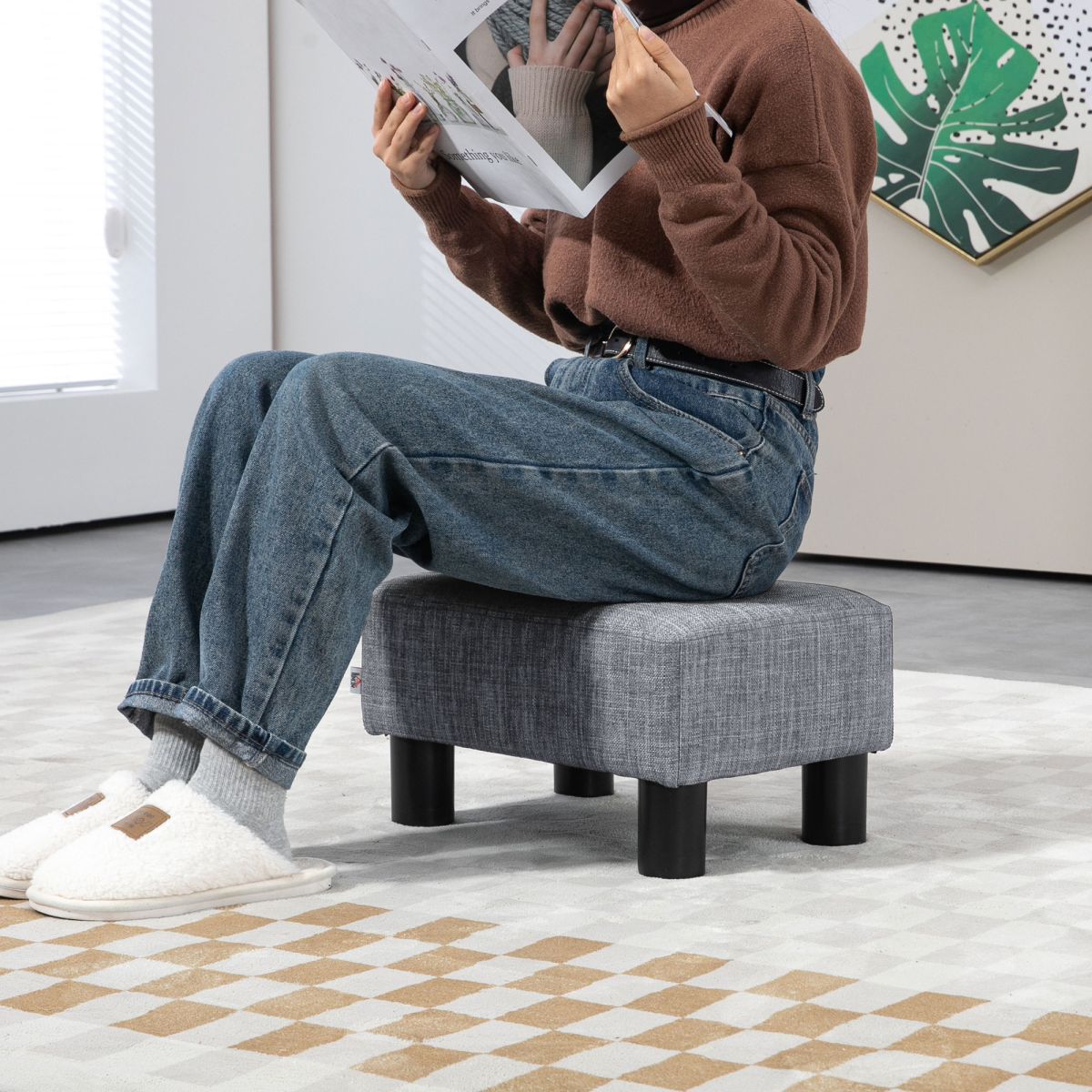 Chic Linen Fabric Footstool Ottoman Cube - 40cm x 30cm x 24cm - Brown Design - Picture 16 of 44