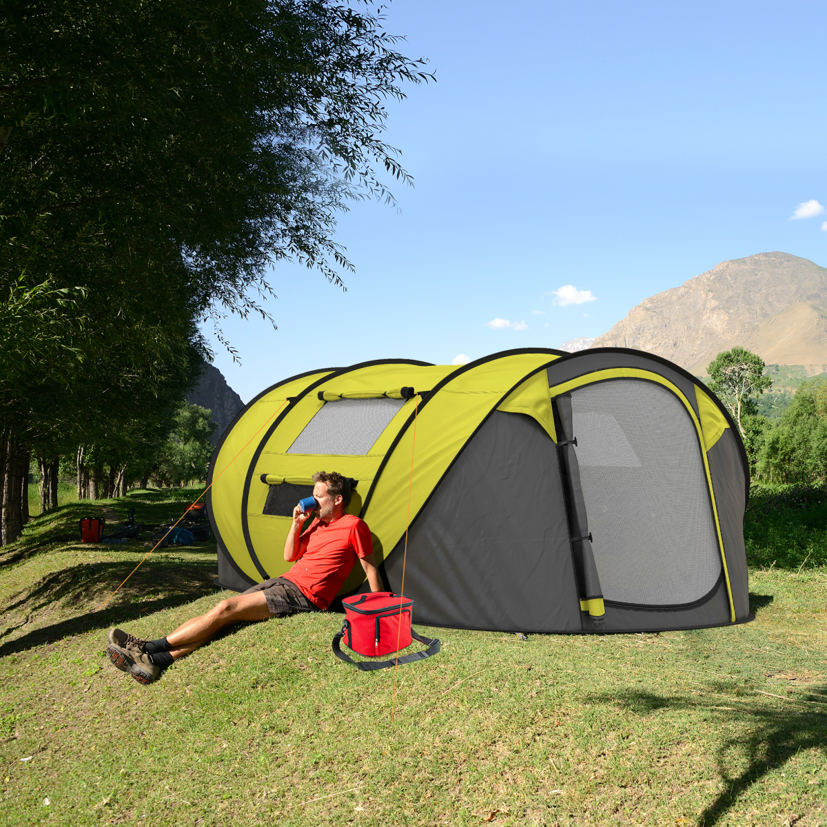 POP-UP DESIGN 4-5 PERSONEN CAMPINGZELT GELB MIT FENSTERN & AUFBEWAHRUNGSTASCHEN - Bild 10 von 17