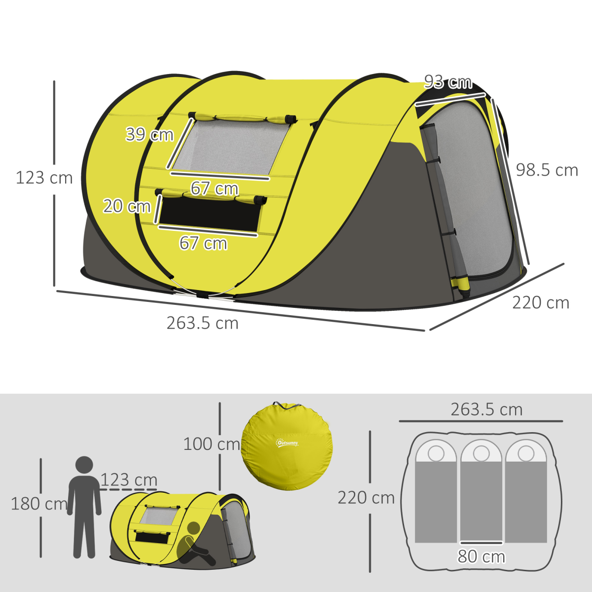 POP-UP DESIGN 4-5 PERSONEN CAMPINGZELT GELB MIT FENSTERN & AUFBEWAHRUNGSTASCHEN - Bild 11 von 17