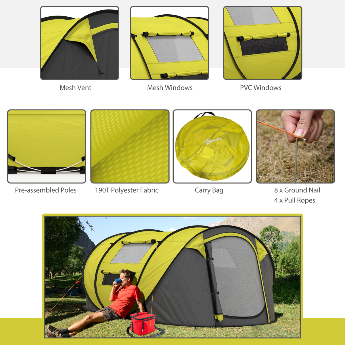 POP-UP DESIGN 4-5 PERSONEN CAMPINGZELT GELB MIT FENSTERN & AUFBEWAHRUNGSTASCHEN - Bild 16 von 17