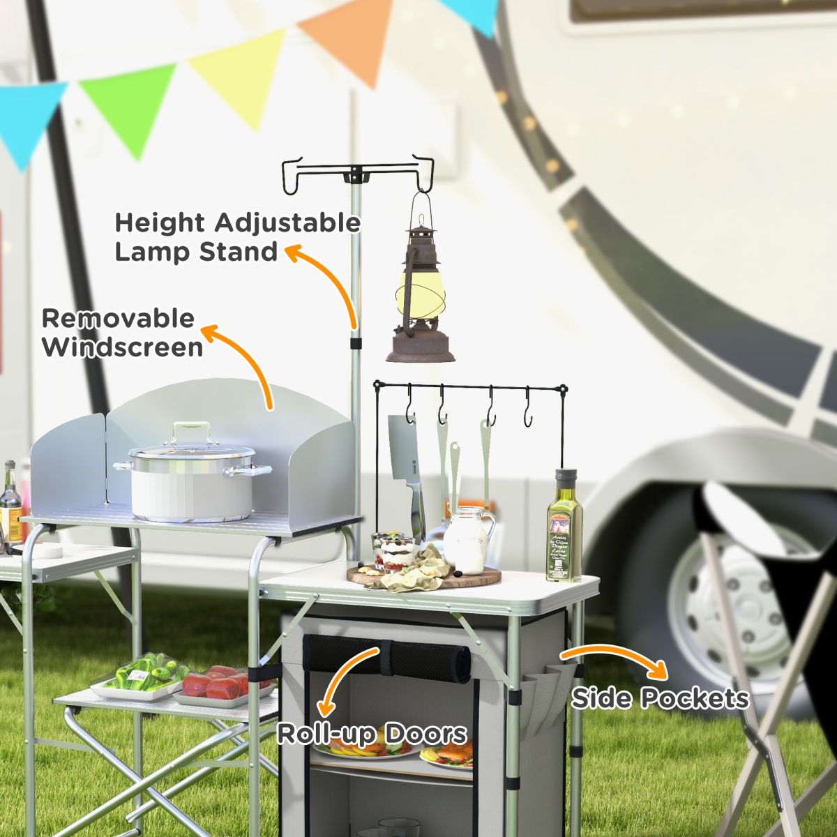 Outsunny klappbarer Camping Küchentisch mit Schrank, verstellbarer Lichtständer - Bild 13 von 17