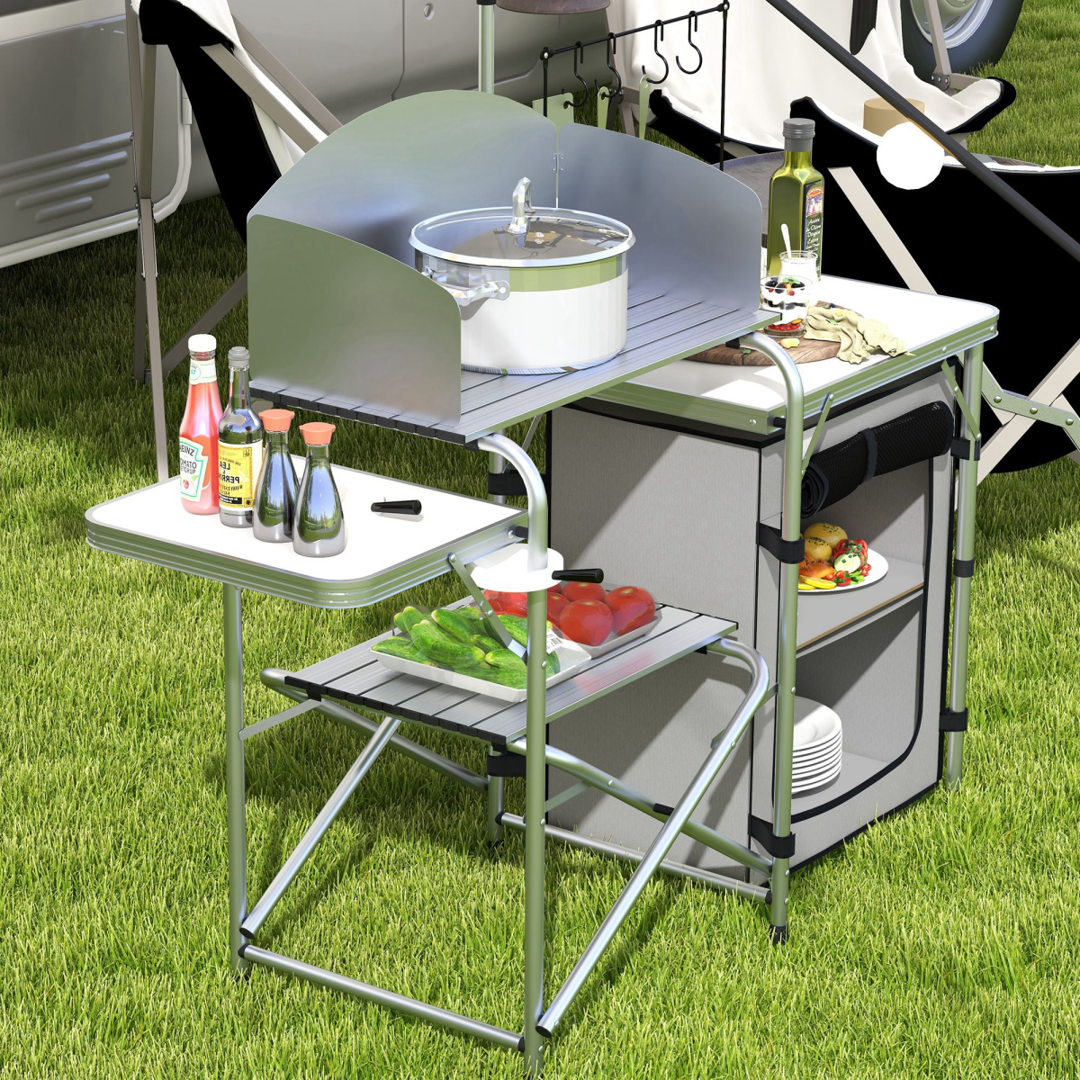 Outsunny klappbarer Camping Küchentisch mit Schrank, verstellbarer Lichtständer - Bild 15 von 17