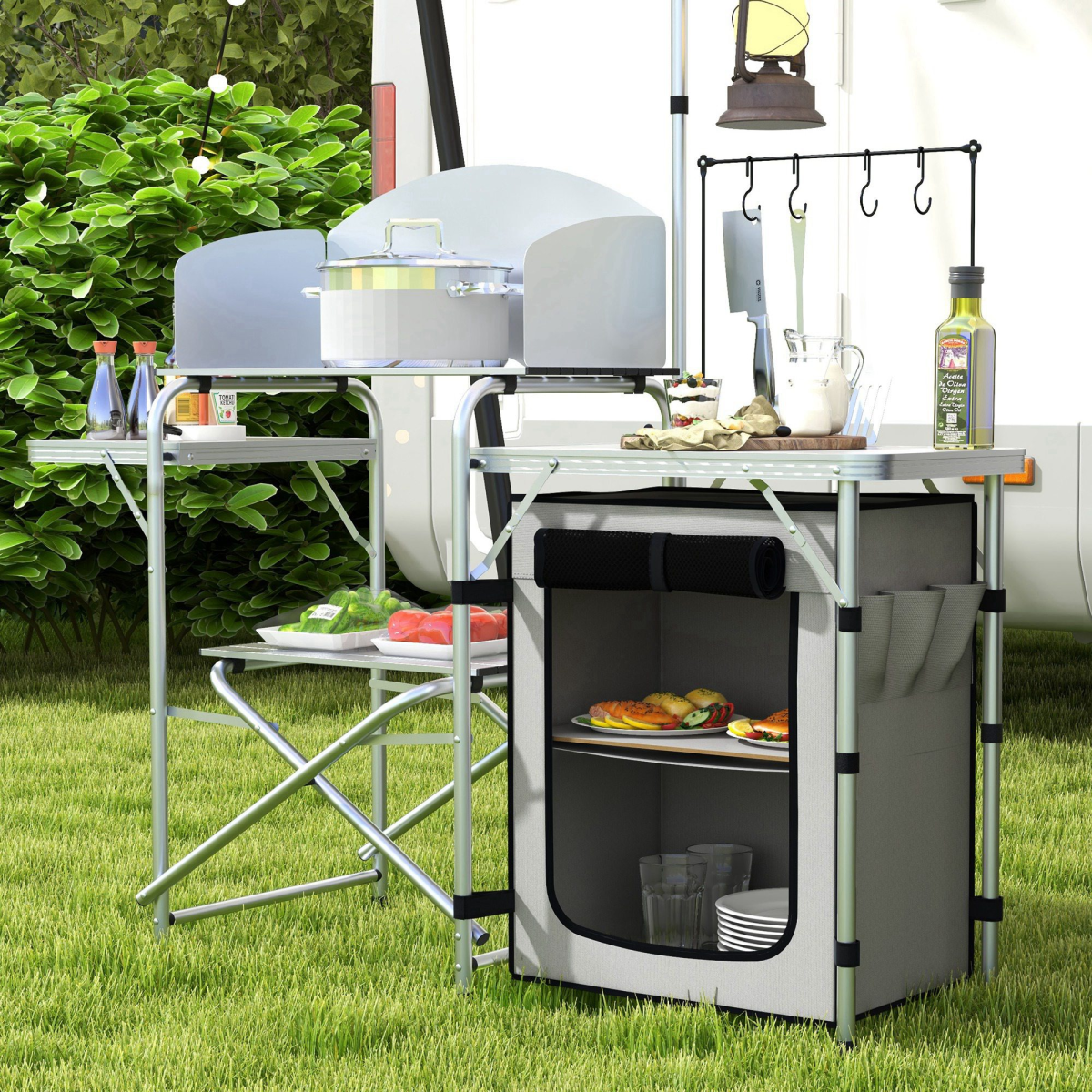 Outsunny klappbarer Camping Küchentisch mit Schrank, verstellbarer Lichtständer - Bild 17 von 17