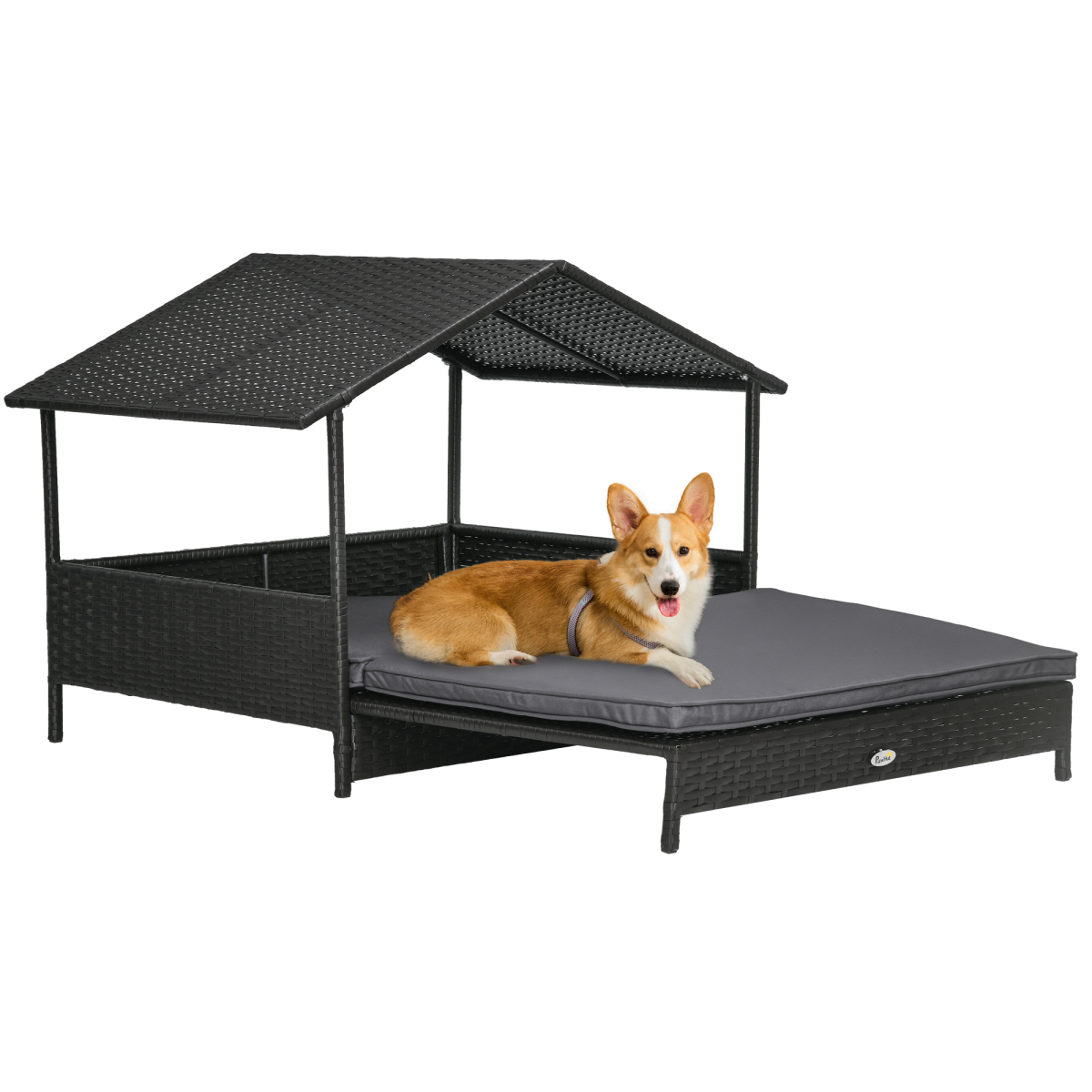 Pawhut Extendable Rattan Dog House With Water-Resistant Roof, Cushion - Grey