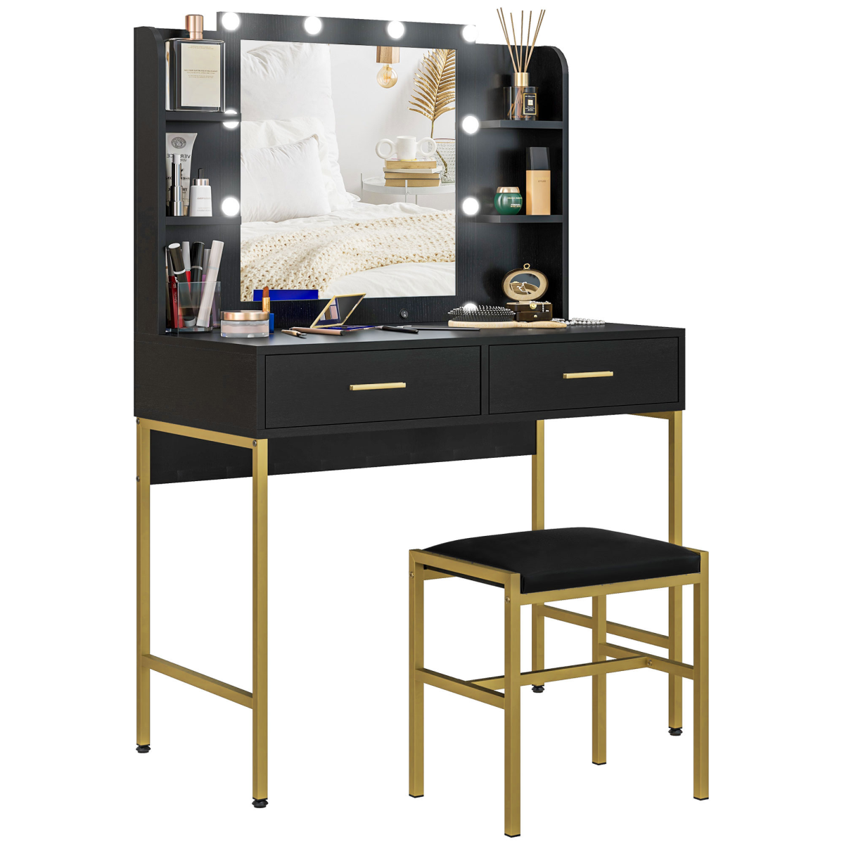 Homcom Makeup Vanity Desk Set With Lighted Mirror, Stool, Drawers, Black