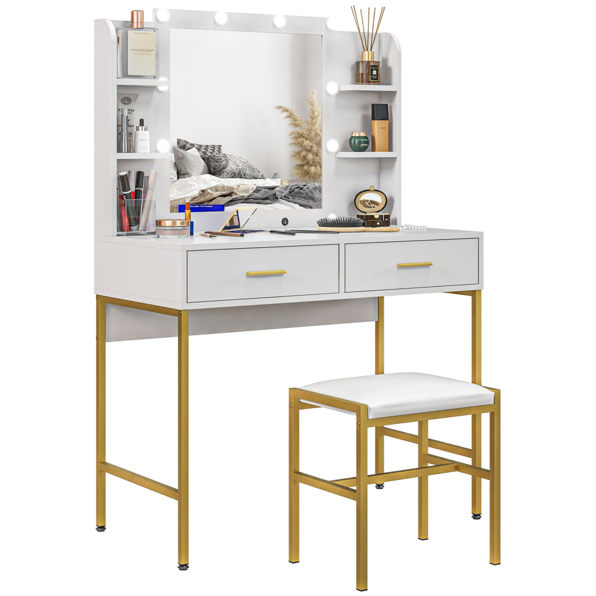 Homcom Makeup Vanity Desk Set With Lighted Mirror, Stool, Drawers, White